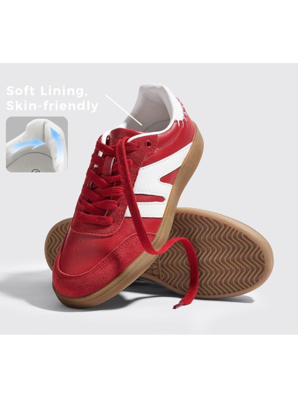 Women Red Leather Retro Gum Sole Leather Sneakers Anti Slip Walking Shoes - Picture 4 of 6